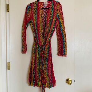 Sandy Starkman  L/S Fringe Tie Sweater Coat. Size S. Color: Multi Bright